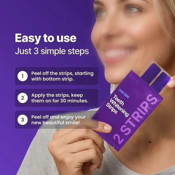 Woman smiling and holding a 2nd Gen teeth whitening strips box, step-by-step usage guide visible.