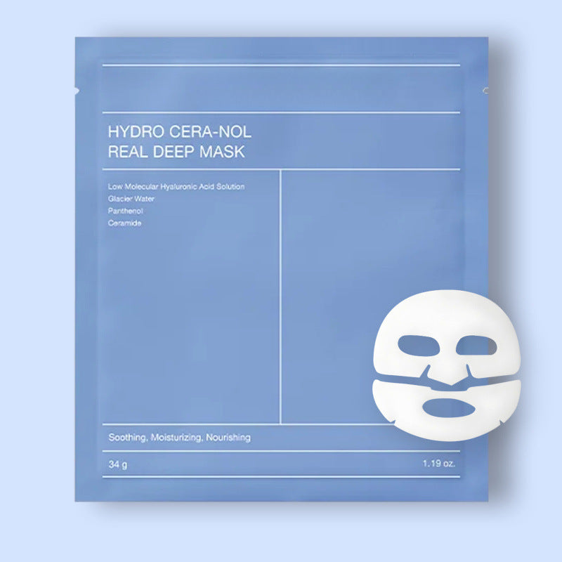Hydro Cera-Nol Real Deep Mask blue sheet mask packaging with white face mask, skincare product