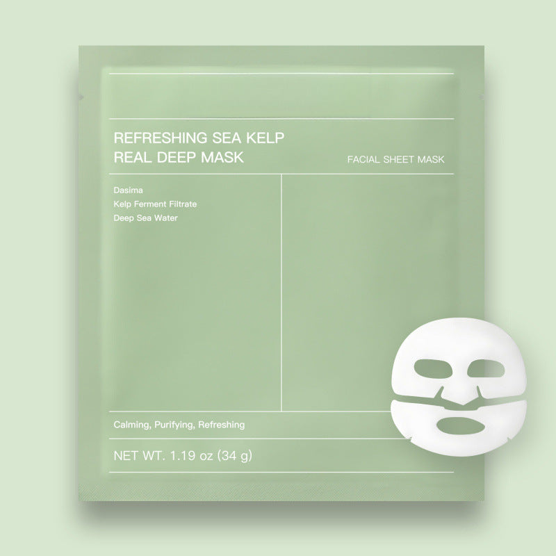 Refreshing sea kelp facial sheet mask with calming, purifying benefits on light green background