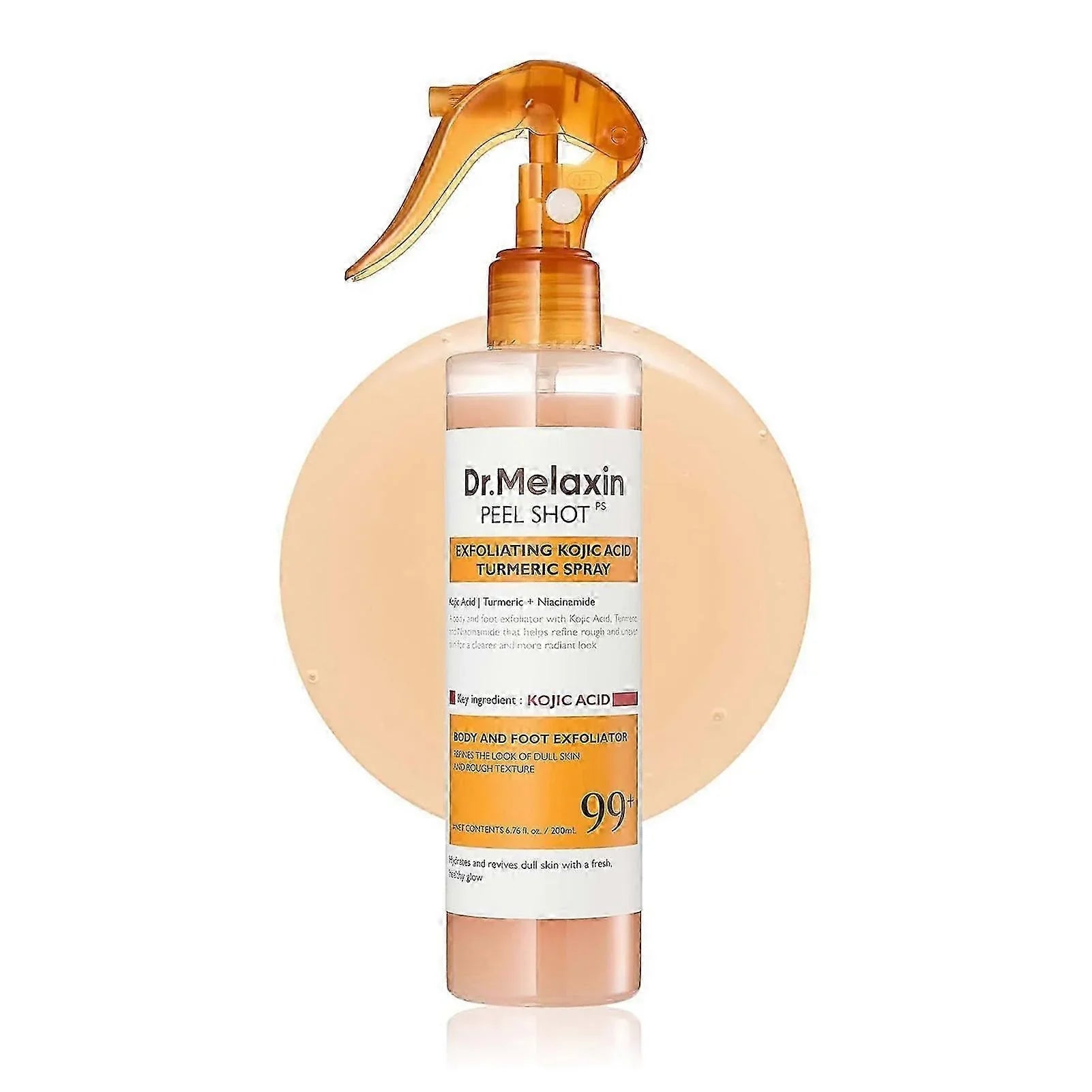 Exfoliating kojic acid turmeric spray in clear pump bottle for body and foot care