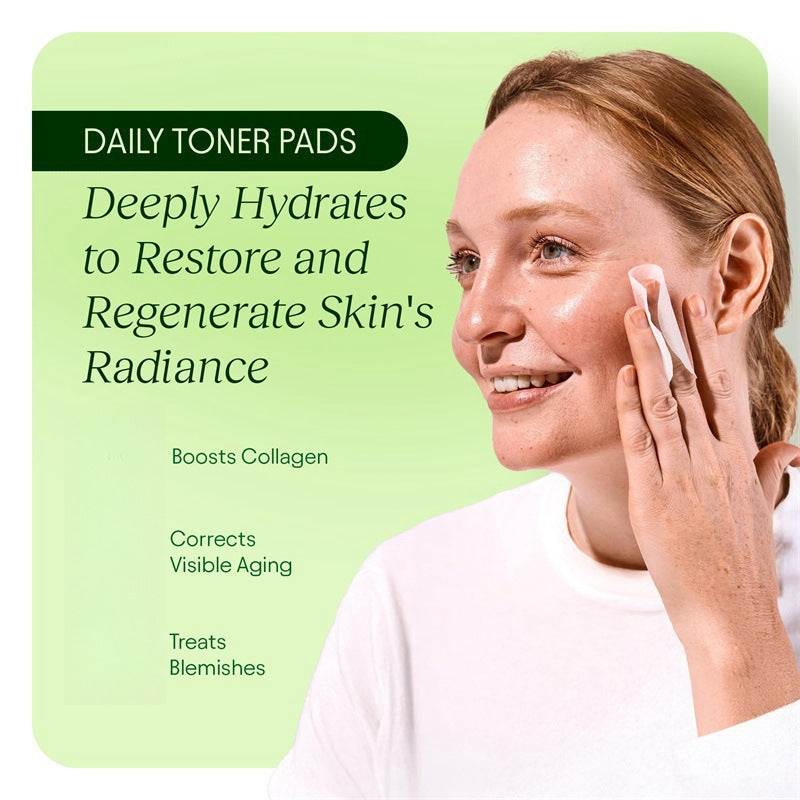 Woman using daily toner pad on face, text highlights skin hydration and collagen boost benefits.