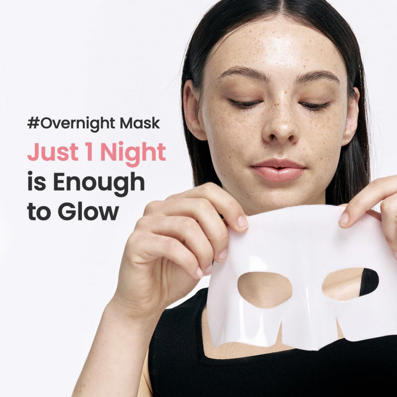 Woman holding clear sheet mask with text promoting overnight glow skincare mask