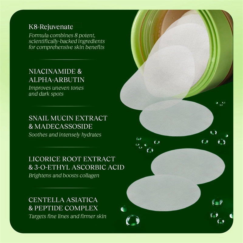 Skincare pads with niacinamide, snail mucin, and peptide complex for brightening and hydration.