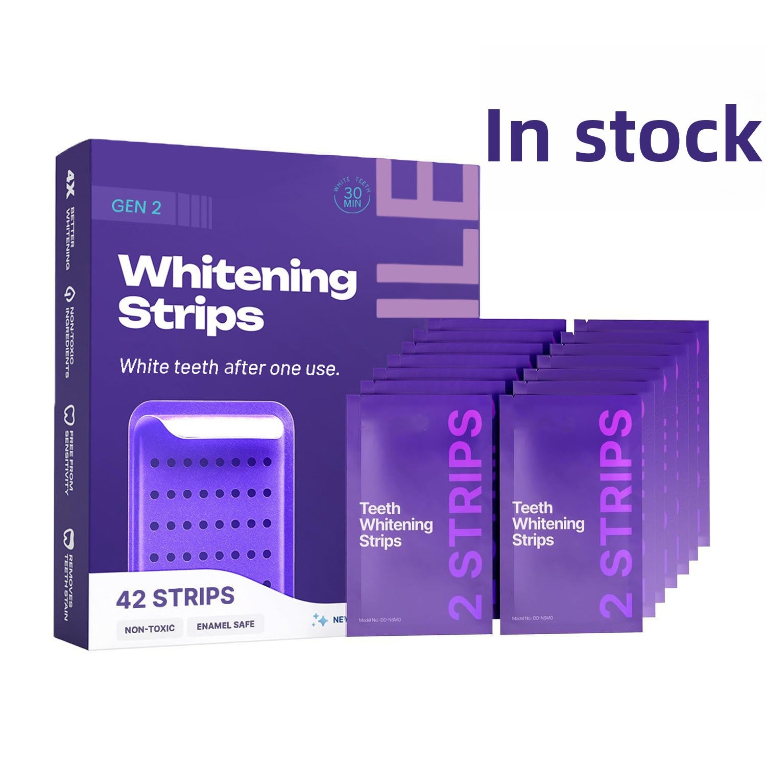 Purple box and packets of teeth whitening strips, enamel safe, with 'In stock' text
