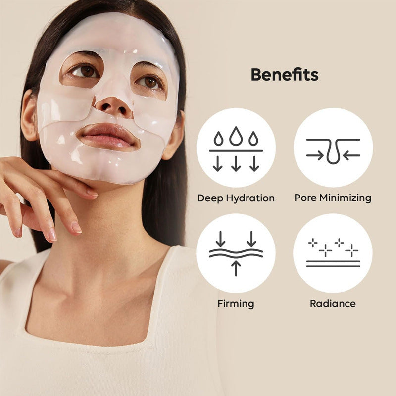 Woman wearing a hydrating sheet mask with benefits like deep hydration, pore minimizing, firming, and radiance highlighted.