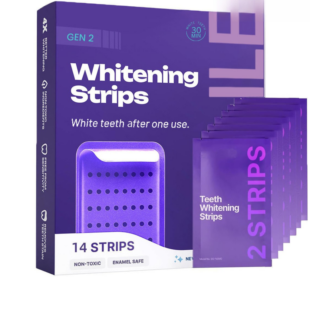 Teeth whitening strips box and packets, 14 strips, non-toxic, enamel safe, for white teeth