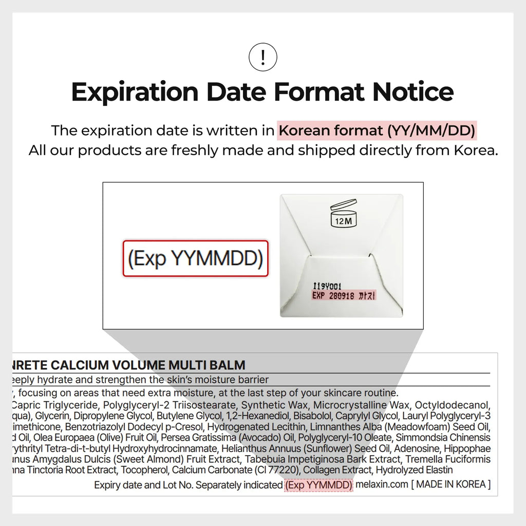 Expiration date format notice for Korean skincare products, showing YY/MM/DD label example.