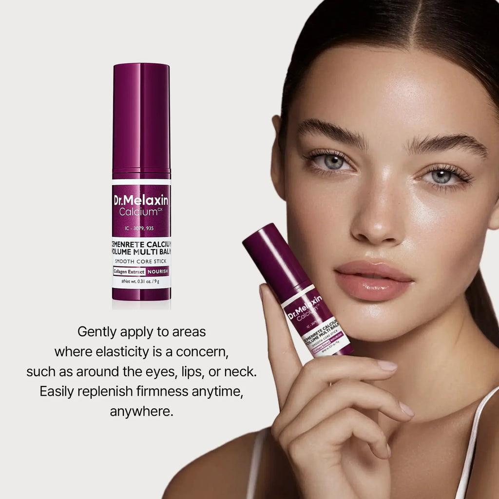 Woman holding collagen firming balm stick near face, product tube and usage instructions visible