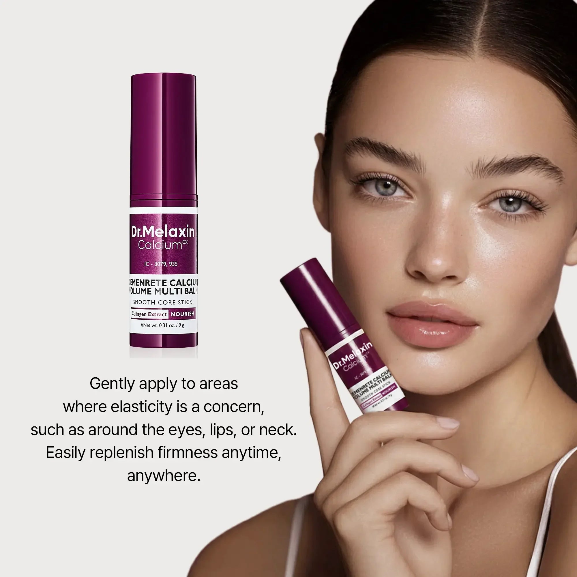 Woman holding collagen firming balm stick near face, product tube and usage instructions visible