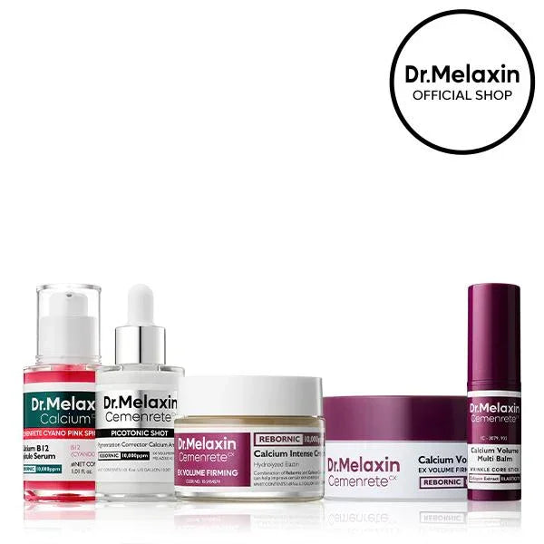 Dr.Melaxin collagen skin care set with serums, creams, and balm on white background