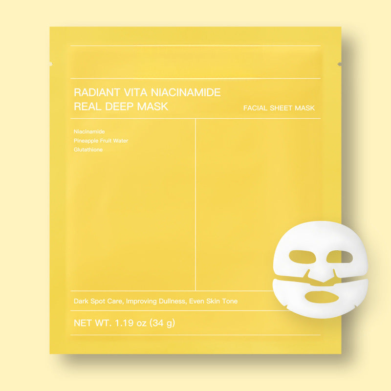 Radiant Vita Niacinamide Real Deep Mask yellow facial sheet mask pack with white mask on light background