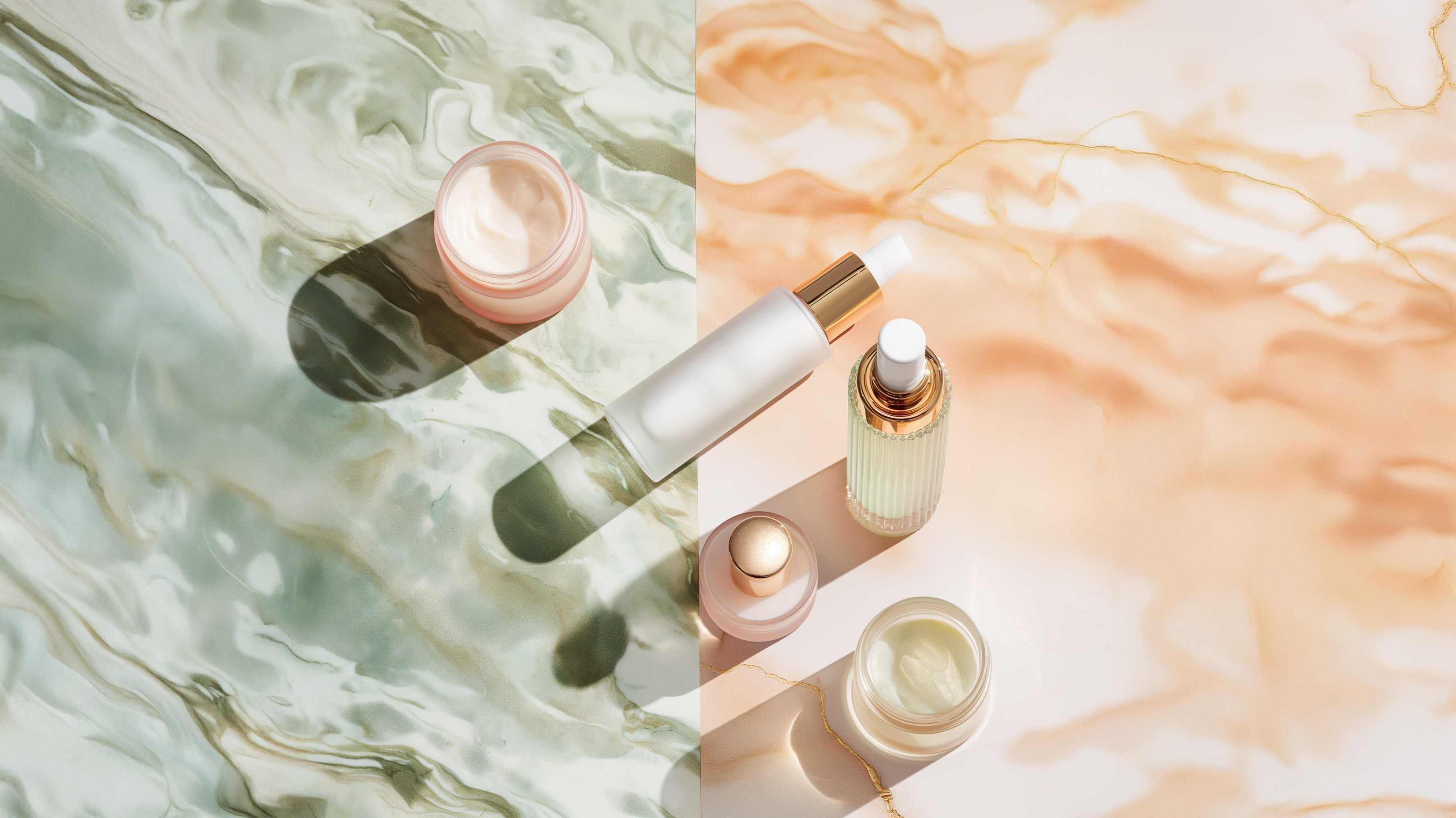 Luxury skincare cream jars and serum bottles on marble background, natural beauty products