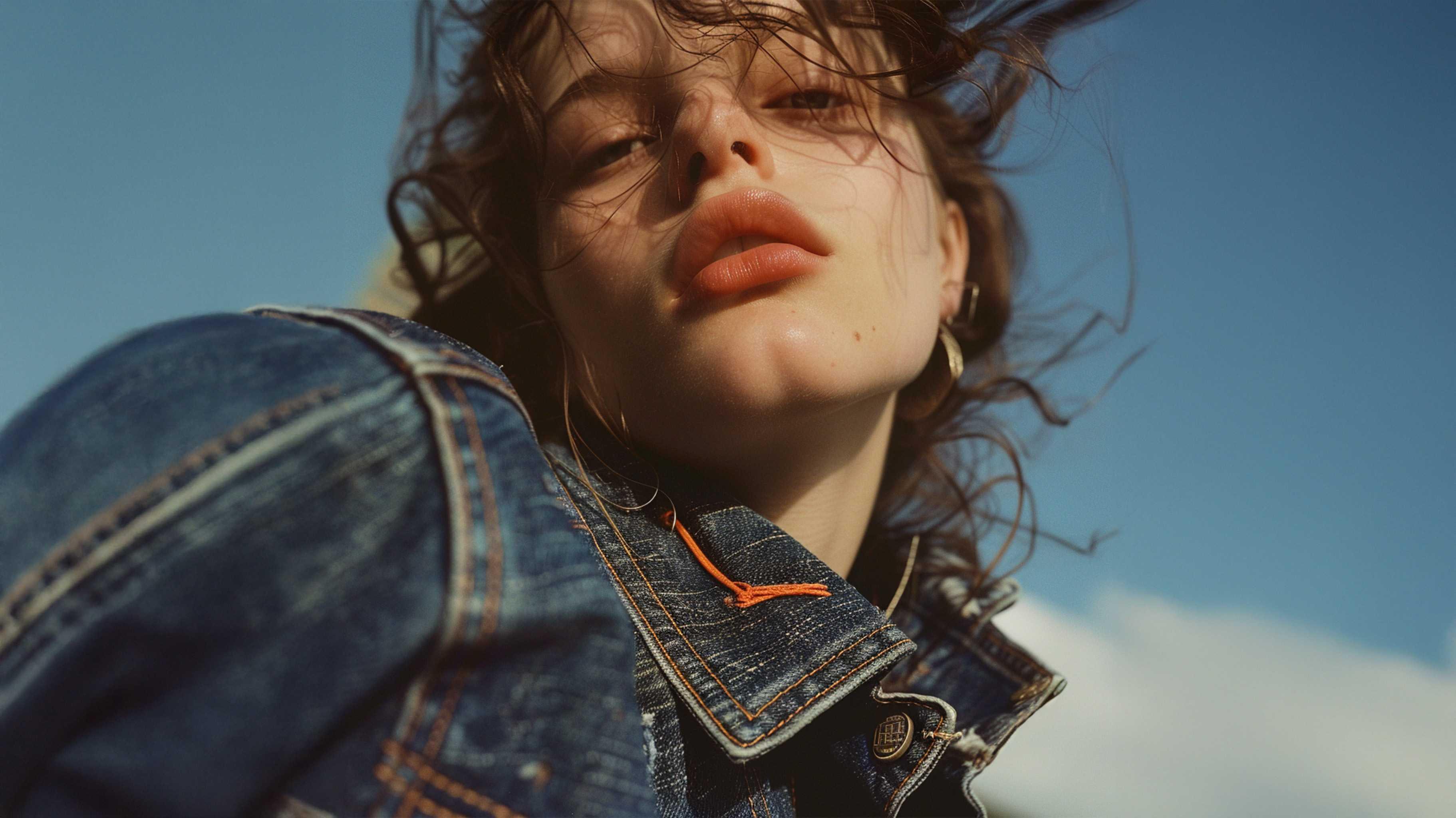 Natural beauty woman close-up in denim jacket with glowing skin and windswept hair outdoors