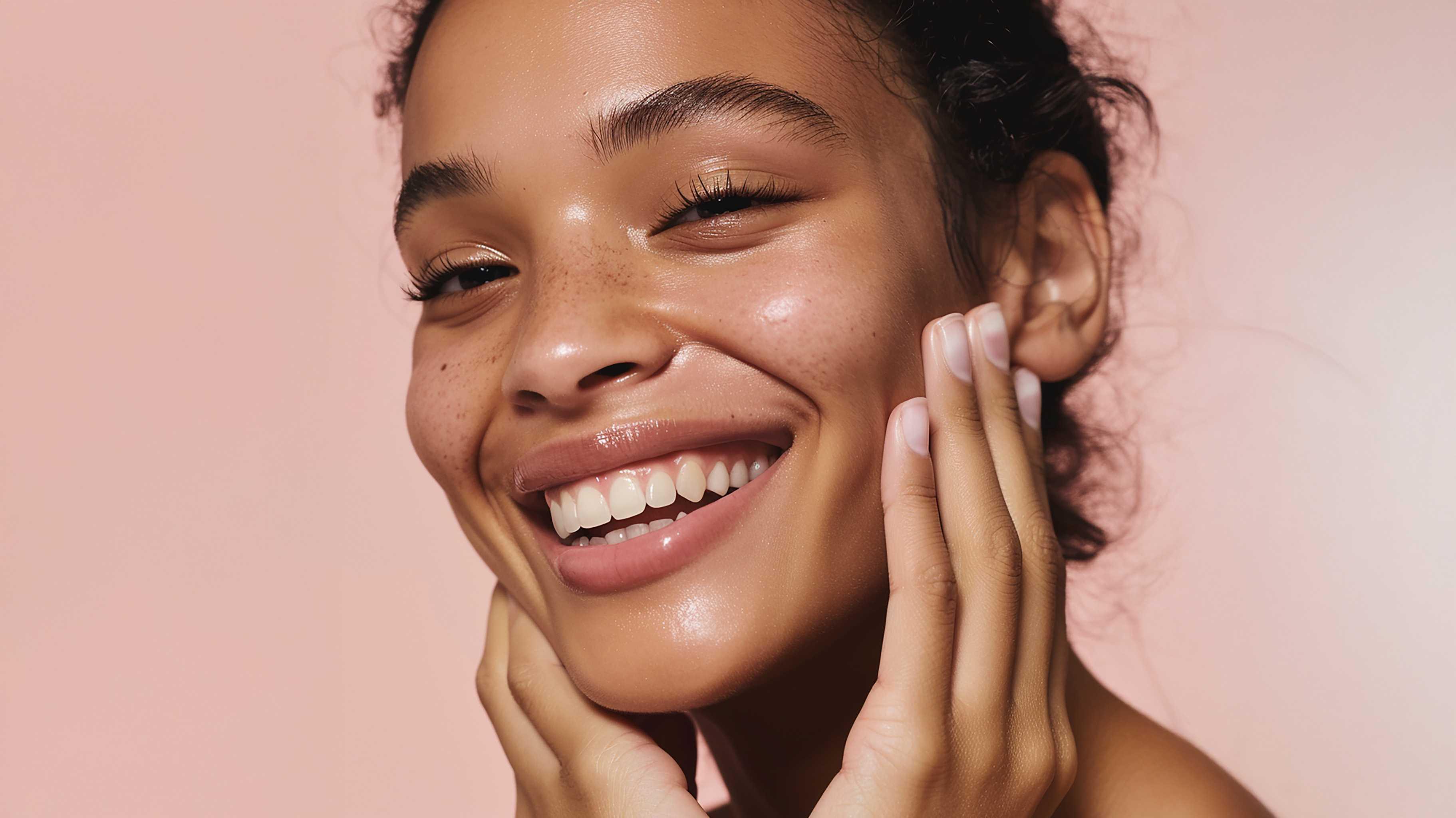 Smiling woman with glowing natural skin touching face, beauty and skincare concept