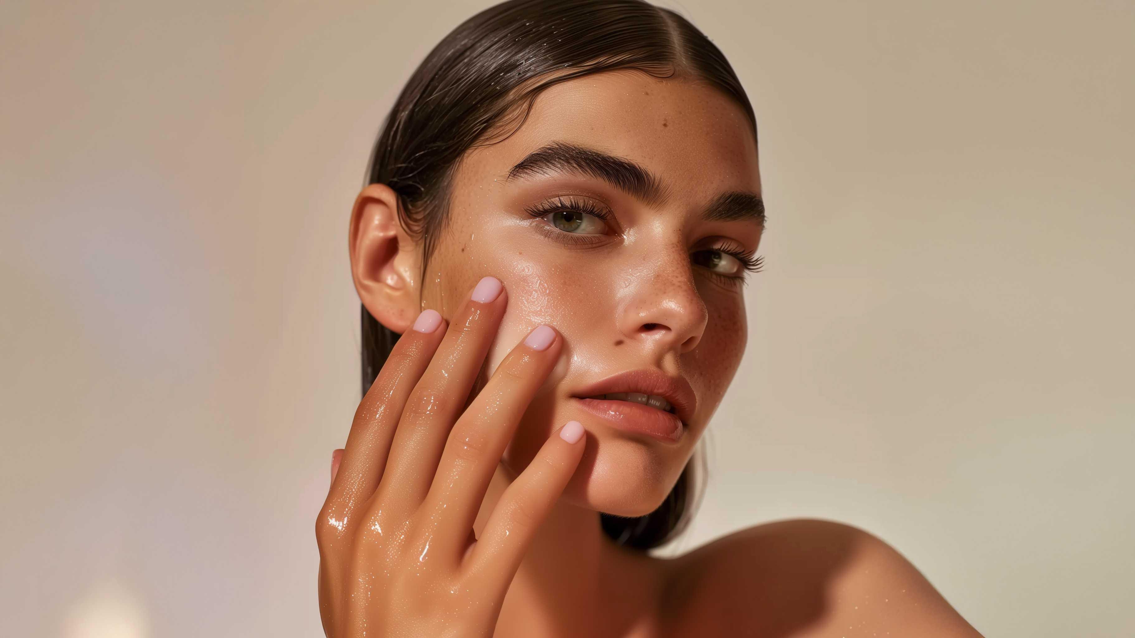 Woman with glowing, hydrated skin touching her face, showcasing natural beauty and skincare
