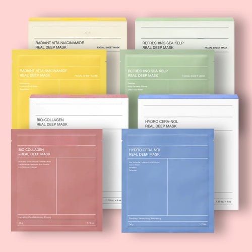 Assorted facial sheet mask packs in colorful packaging on a pink background
