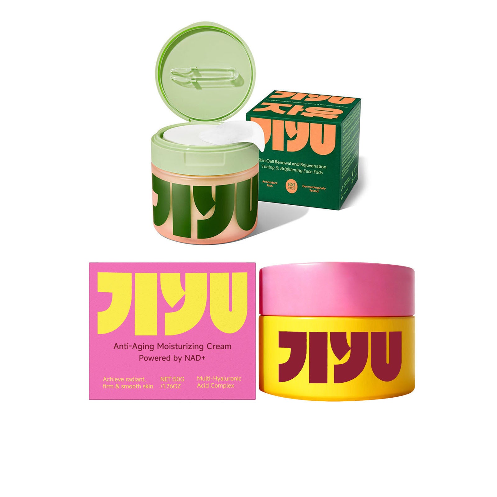 Anti-aging moisturizing cream and face pads with bright packaging for skincare and self-care