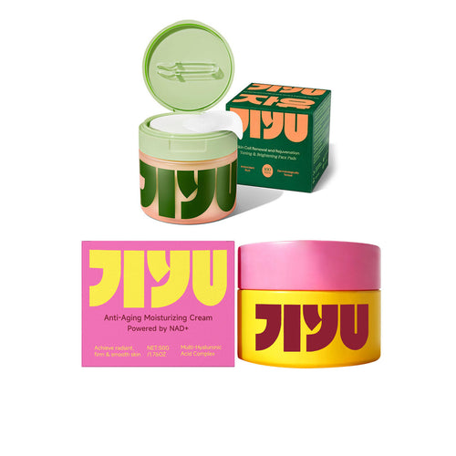 Anti-aging moisturizing cream and face pads with bright packaging for skincare and self-care