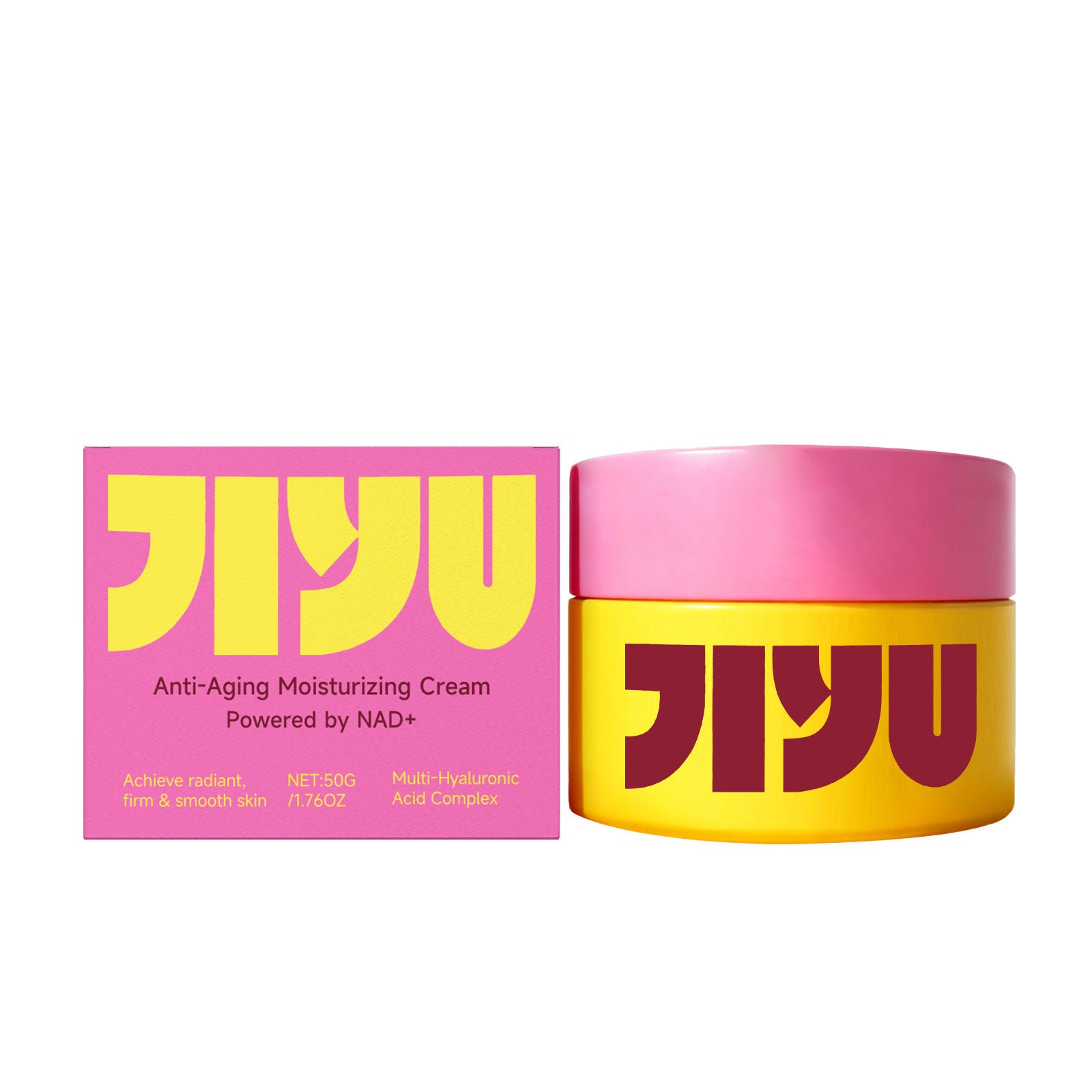 Anti-aging moisturizing cream in bright yellow and pink packaging, skincare product