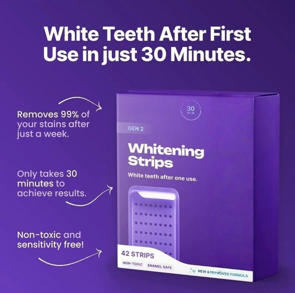 Purple box of whitening strips for teeth, text highlights fast results and enamel-safe formula.