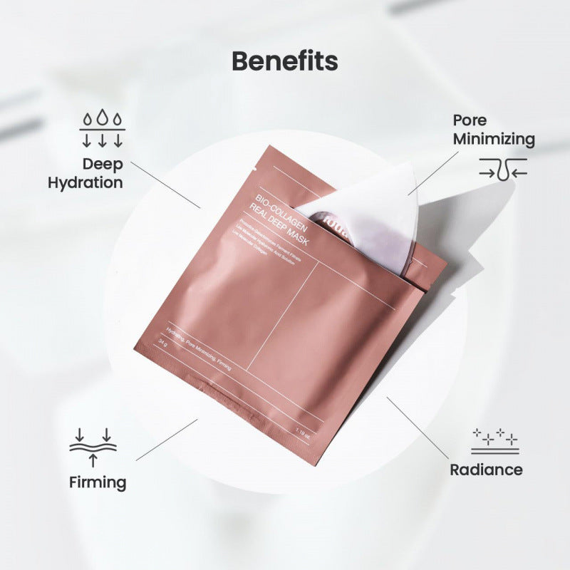 Bio-collagen face mask on white surface with benefits: hydration, firming, radiance, pore minimizing.