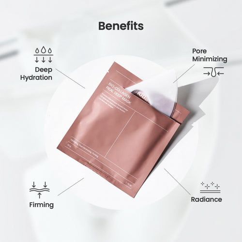 Bio-collagen face mask on white surface with benefits: hydration, firming, radiance, pore minimizing.