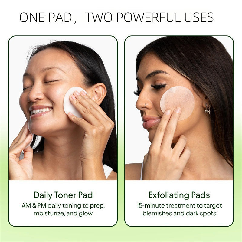 Two women using facial toner and exfoliating pads for skincare, showing daily and targeted treatments