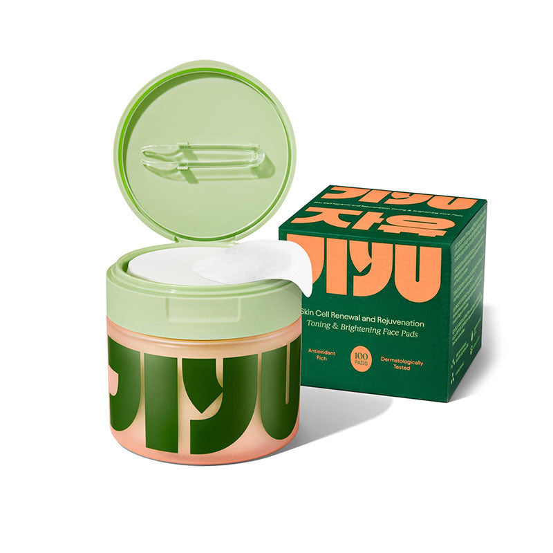 Toning and brightening face pads in a green jar with open lid and matching product box